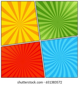 Bright comic book page template with radial and halftone effects in pop-art style. Blank template in green, orange, blue and red colors. Vector illustration
