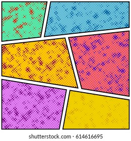Bright comic book story colorful dotted page layout template. Isolated empty album frames with halftone grunge dot pattern. Vector illustration