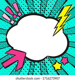 Bright comic empty speech bubble in popart style. White box for text in the shape of a cloud. Square web banner for social media post template. Vector illustration, vintage design.
