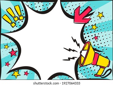 Bright comic empty speech bubble with shout in popart style. White box for text in the shape of a explosion, stars and arrow. Vector illustration. Template for offer, announcement or discount.
