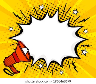 Bright Comic Empty Speech Bubble With Shout In Popart Style. White Box For Text In The Shape Of A Explosion And Stars. Cartoon Vector Illustration. Template For Offer, Announcement Or Discount.
