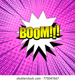 Bright comic page template with yellow Boom inscription white speech cloud halftone and rays on pink radial background in pop art style. Vector illustration