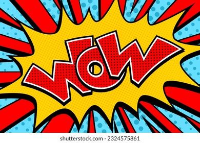 Bright comic pop art background with flash, explosion and inscription "WOW", vector illustration in retro style