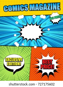 Bright comics magazine cover template with different inscriptions, white speech bubbles, rays, round, sound, halftone and radial effects in pop art style. Vector illustration