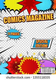 Bright comics magazine template with wordings colorful speech bubbles dynamic rays halftone effects on transparent background. Vector illustration