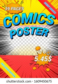 Bright comics poster with rays halftone effects transparent background speech bubbles and different inscriptions. Vector illustration