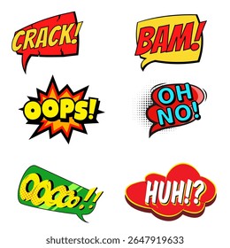 Bright comic-style word bubbles with explosive pop art effects like BAM, CRACK, and OOPS on a white background.