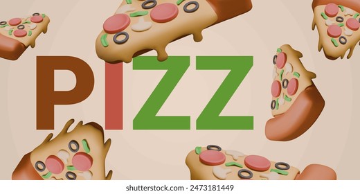 Bright commercial banner for pizza. Realistic pieces of hot food with melted cheese