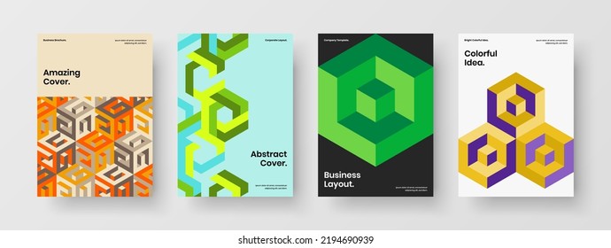 Bright company brochure vector design illustration set. Colorful geometric hexagons handbill layout bundle.