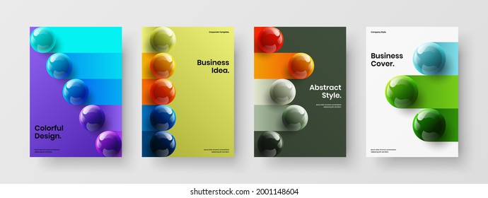 Bright company cover A4 vector design concept composition. Vivid realistic balls banner illustration set.