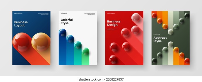 Colección de conceptos vectoriales de diseño de portada de la empresa brillante. Conjunto único de ilustración de panfleto de bolas 3D.