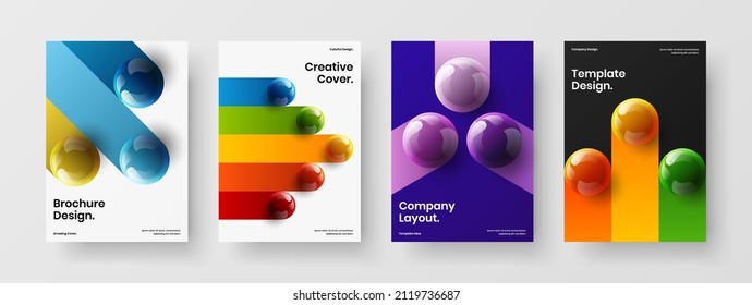 Bright company identity A4 vector design template bundle. Unique realistic balls postcard illustration composition.