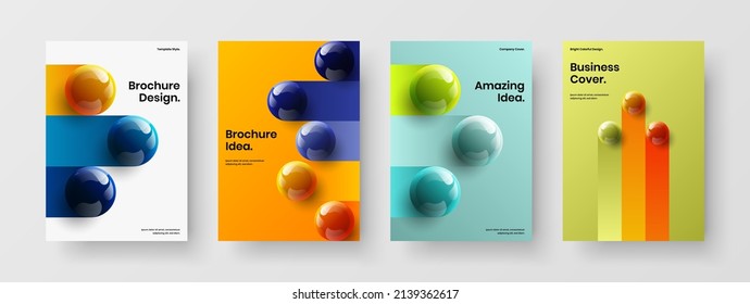 Bright company identity A4 vector design concept set. Abstract 3D spheres annual report illustration composition.