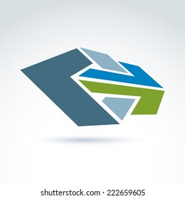 Bright complex geometric element created from separate parts. 3d abstract emblem with forward arrows. Conceptual corporate symbol, brand.