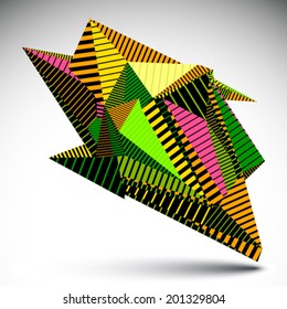 Bright complicated contrast eps8 figure constructed from triangles with parallel lines. Colorful asymmetric striped sharp object isolated on white background.