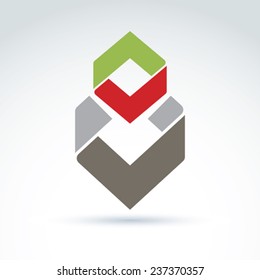 Bright composite corporate element created from separate geometric parts. Vector abstract emblem isolated on white background. Conceptual check marks.