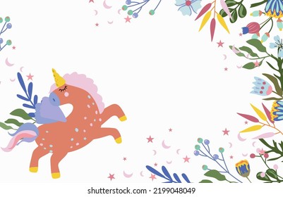 Bright composition with cute Unicorn, bright flowers and leaves. Fantastic Unicorn. Fairy compositions can be used as creating card, banner, birthday and other holidays. Vector illustration. 