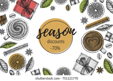 Bright composition with different seasonal elements in hand drawn graphic, top view