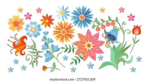 Helle Zusammensetzung von bestickten Blumen auf weißem Hintergrund