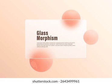 Bright composition in glass morphism style with soft green spheres and transparent rectangular panel on smooth pastel background.