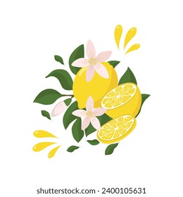 A bright composition of a lemon sprig with a whole lemon half, flying splashes of lemon juice and decorated with flowers. Citrus composition. For the design of postcards, prints, stickers and other