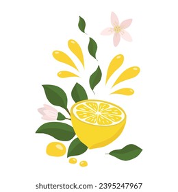 A bright composition of lemon twigs with a whole lemon half, sprinkled with lemon juice and decorated with flowers. Citrus composition. For the design of postcards, prints, stickers and other uses.