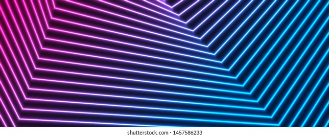 Composición brillante de líneas de neón. Fondo abstracto con rayos láser geométricos de tecnología púrpura azul. Diseño vectorial retro-ciencia ficción