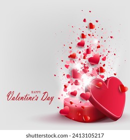Bright composition with a red casket and a set of red hearts with sparkle.