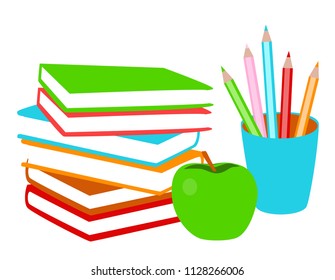 a bright composition of school supplies, books, an apple and colored pencils. back to school
