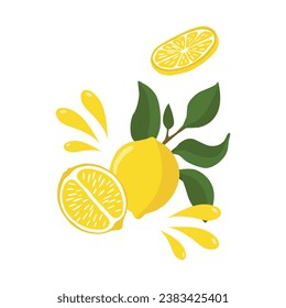 A bright composition is a sprig of lemon with a whole lemon half, flying splashes of lemon juice. Citrus composition. For the design of postcards, prints, stickers and other uses.