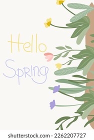 A bright composition with spring flowers, green leaves and the inscription Hello spring. Spring flowering. Concept of holiday, joy, happiness. Vector graphics.