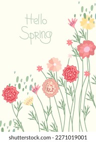 Una composición brillante con flores de primavera, hojas verdes y la inscripción Hola primavera. Flor de primavera.Ideal para tarjetas de felicitación, tarjetas, pancartas, carteles. Gráficos vectoriales