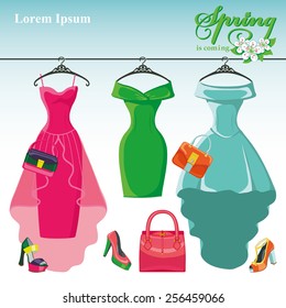 Bright composition of three female cocktail party dresses hanging on the hanger.Spring is coming.Accessories set handbag and high heel shoes.Fashion  Vector illustration.Room for text