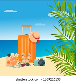 Bright composition of travel essentials, bag, passport, tickets, camera on sand. Sky and blue sky with clouds. Hot, tropical, trip concept illustration. 