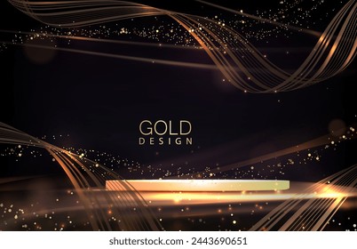 A bright composition with a yellow podium and shiny sparkling tinsel.