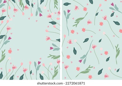 Bright compositions of cards with colored flowers, green leaves, hearts, etc. Ideal for greeting cards, cards, banners, posters. Vector graphics.