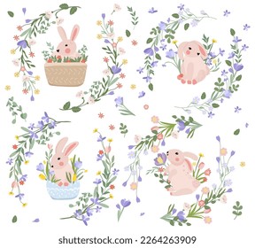 Bright compositions with a cute rabbit, a wreath of flowers, leaves, hearts. Spring-summer flowering. Flowers of chamomile, lavender, crocuses, tulips. Vector graphics.