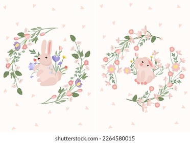 Bright compositions with a cute rabbit, a wreath of flowers, leaves, hearts. Spring-summer flowering. Flowers of chamomile, lavender, crocuses, tulips. Vector graphics.