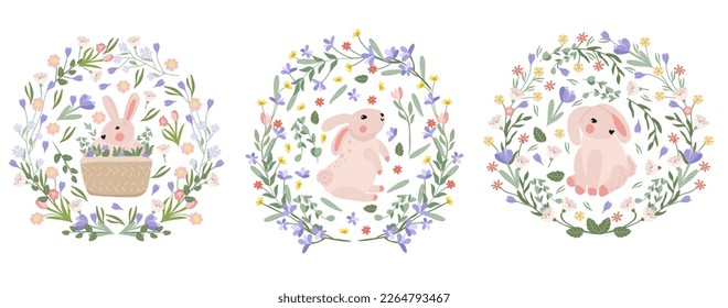 Bright compositions with a cute rabbit, a wreath of flowers, leaves, hearts. Spring-summer flowering. Flowers of chamomile, lavender, crocuses, tulips. Vector graphics.