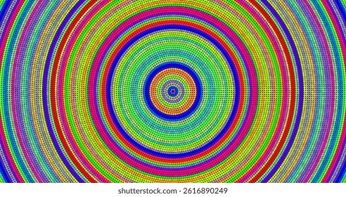 Bright concentric circle pattern with rainbow palette. Style: op art, psychedelic, digital abstraction.