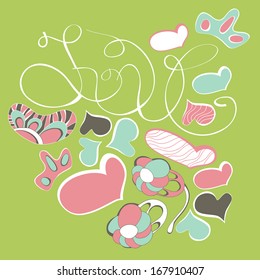 Bright concept card in warm colors. Vector card with the word Love. 