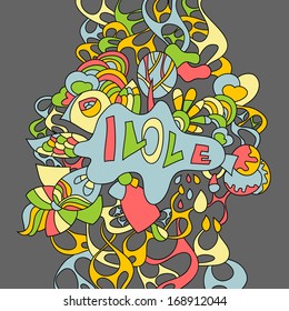 Bright concept card in warm colors. Vector card with the word Love. 