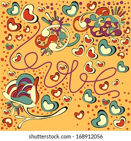 Bright concept card in warm colors. Vector card with the word Love. 