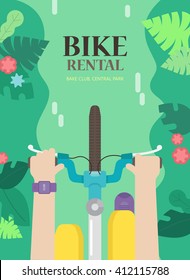 The bright concept the flyers for bike rental. Vector background with bicycle and man in the urban environment, top view. Summer poster for hire bike tours for tourists and city visitors.