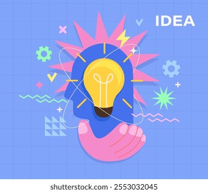 Conceito brilhante de ideia, inspiração, criatividade, soluções para negócios ou start-ups.Mente criativa,brainstorm, conceito de ideia criativa com silhueta de cabeça humana abstrata e mão segurando lâmpada de lâmpada.Vetor