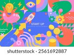 Bright concept of startup, Solutions for business,creating or investing in startup, crowd funding. Buy or sell product, service launch, startup, development. Vector for web, banner,flyer,social media.
