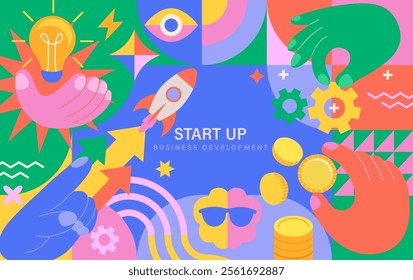 Bright concept of startup, Solutions for business,creating or investing in startup, crowd funding. Buy or sell product, service launch, startup, development. Vector for web, banner,flyer,social media.