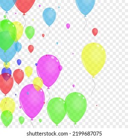 Bright Confetti Background Transparent Vector. Ballon Anniversary Background. Red Streamers. Yellow Balloon. Toy Rubber Card.
