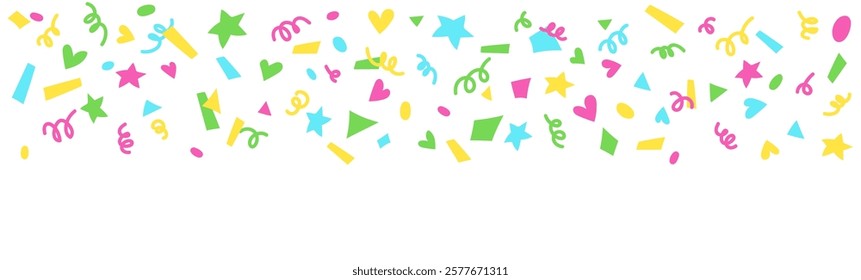 Bright confetti banner isolated on transparent background. Confetti explosion. Celebration background, banner, header, mail listing. Serpentine, colored paper cuts. Decoration for birthday, holiday