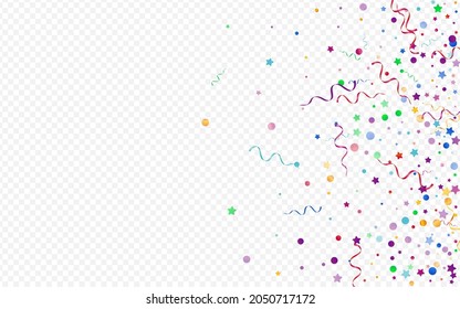 Bright Confetti Falling Vector Panoramic Transparent Background. Flying Particles Poster. Star Fun Branch. Colored Abstract Design.